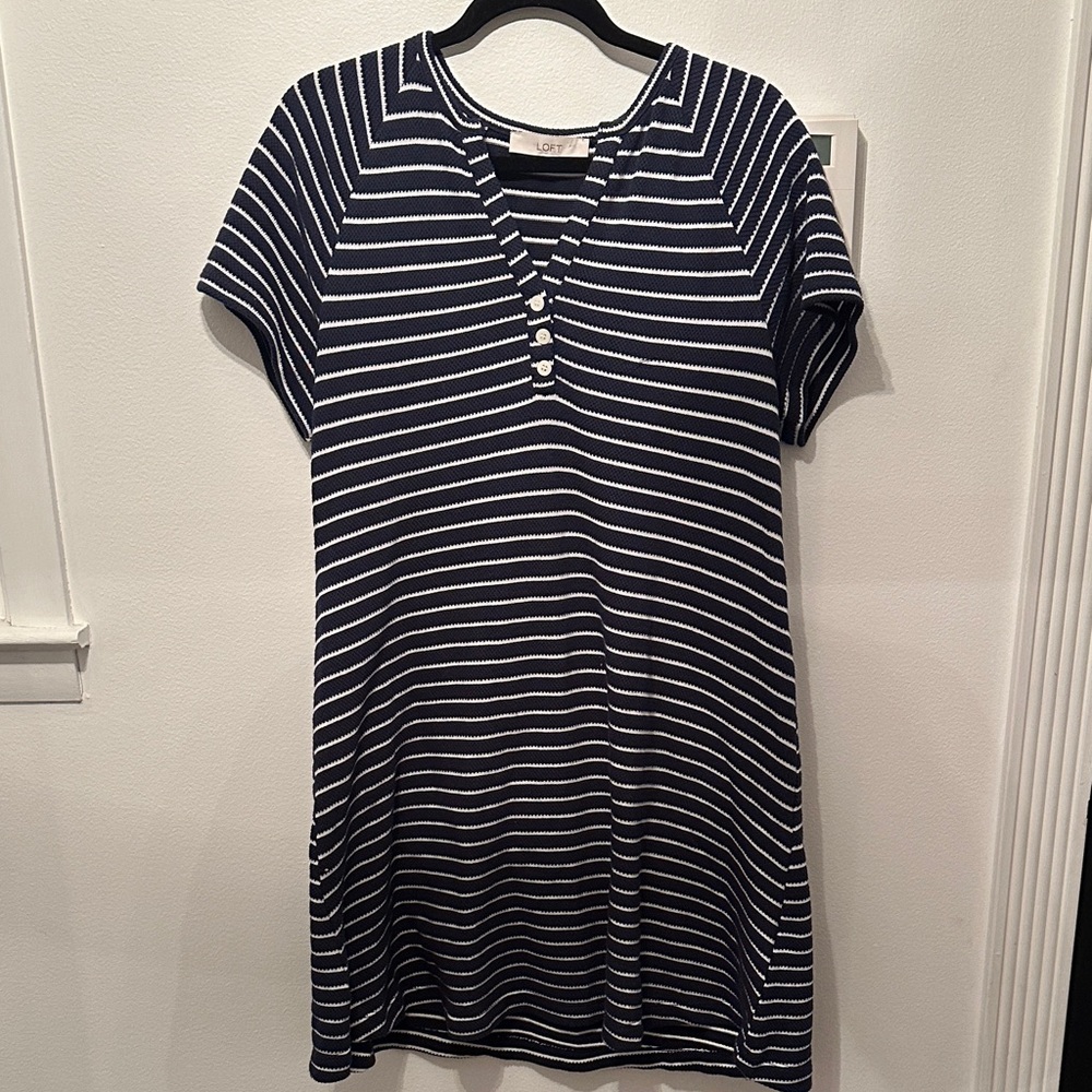LOFT Navy and White Striped Mini Dress Size L. GUC.